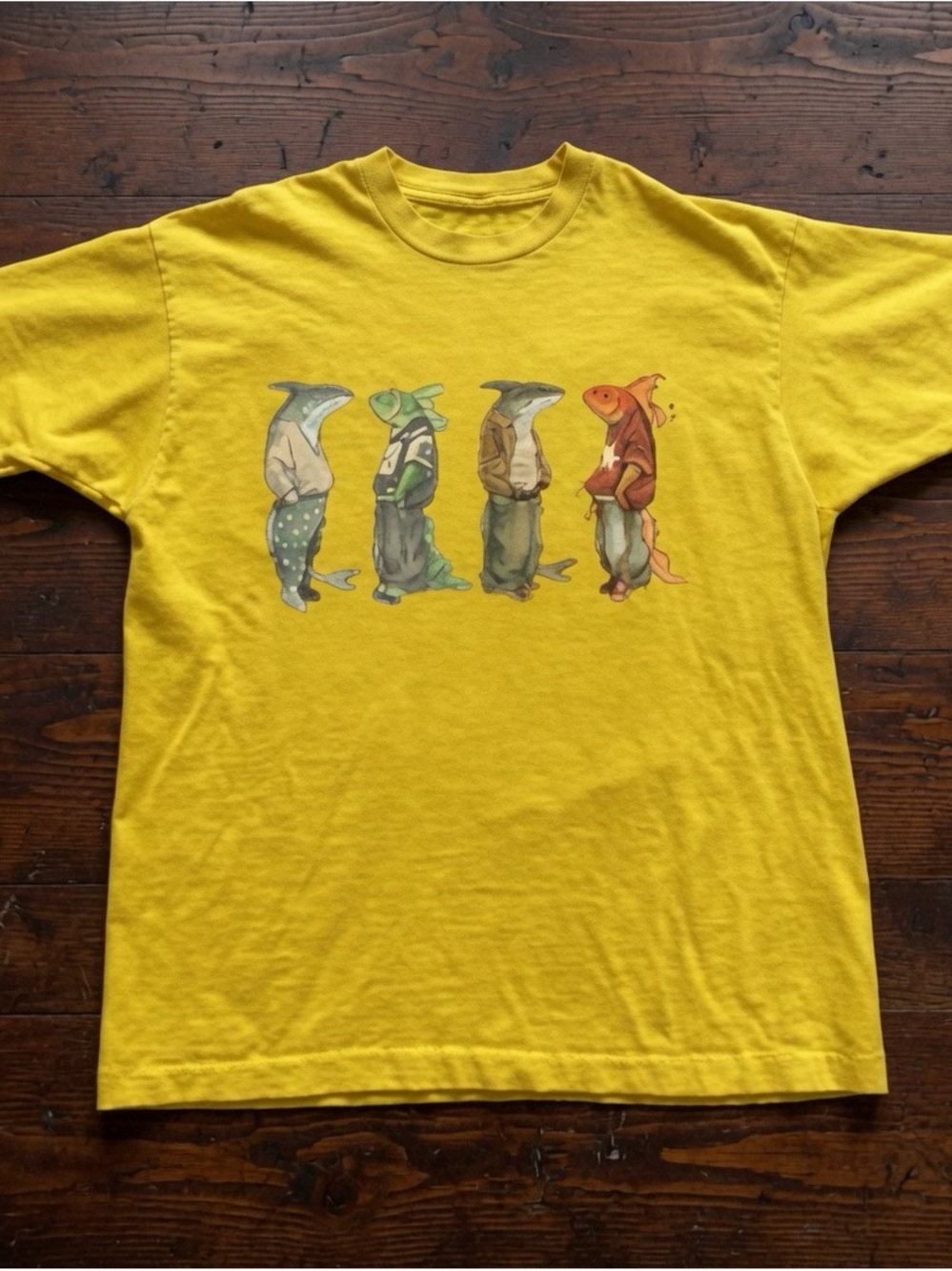 Yellow Graphic Men's T-Shirt with Fish Character Print